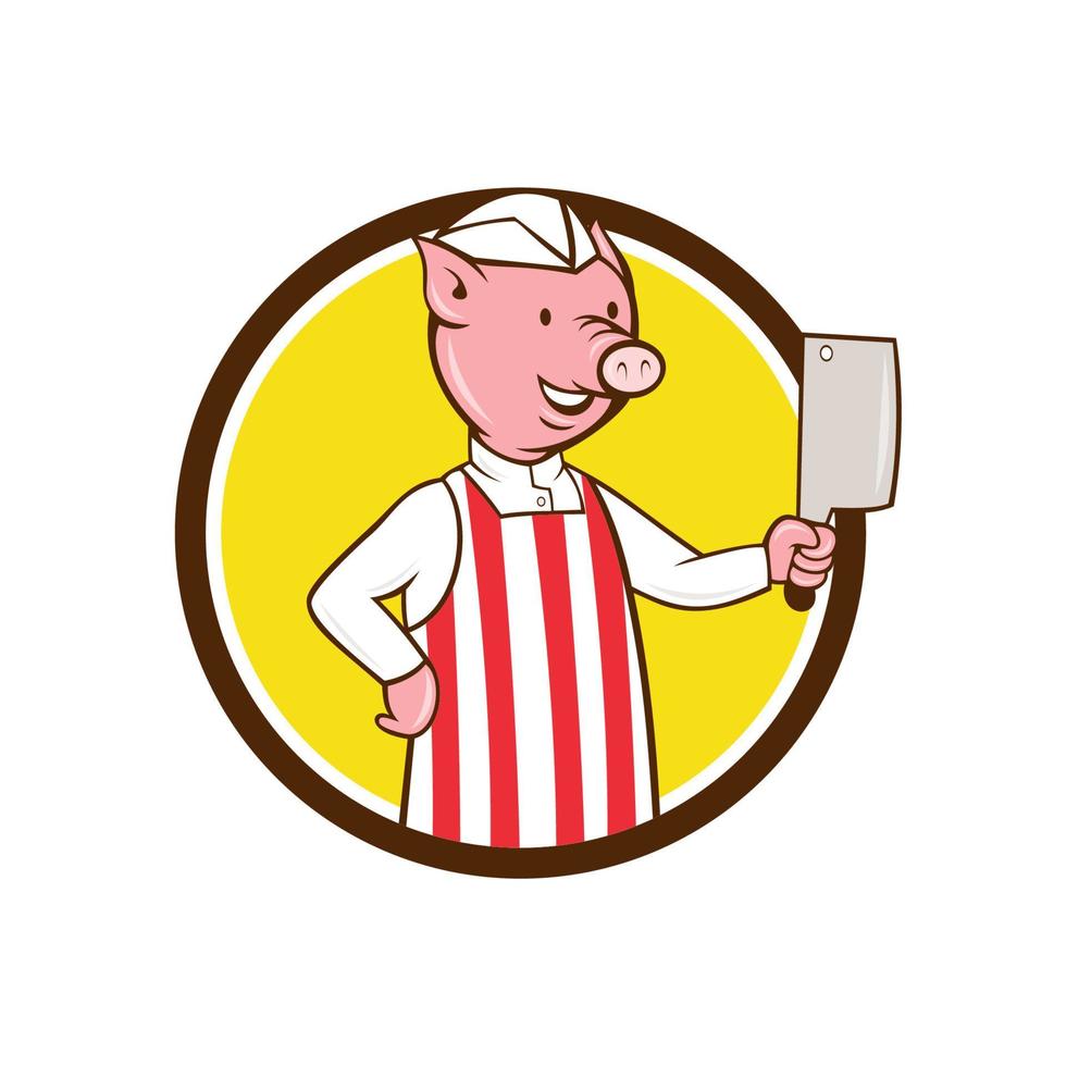 porco de açougueiro segurando desenho de círculo de cutelo de carne vetor