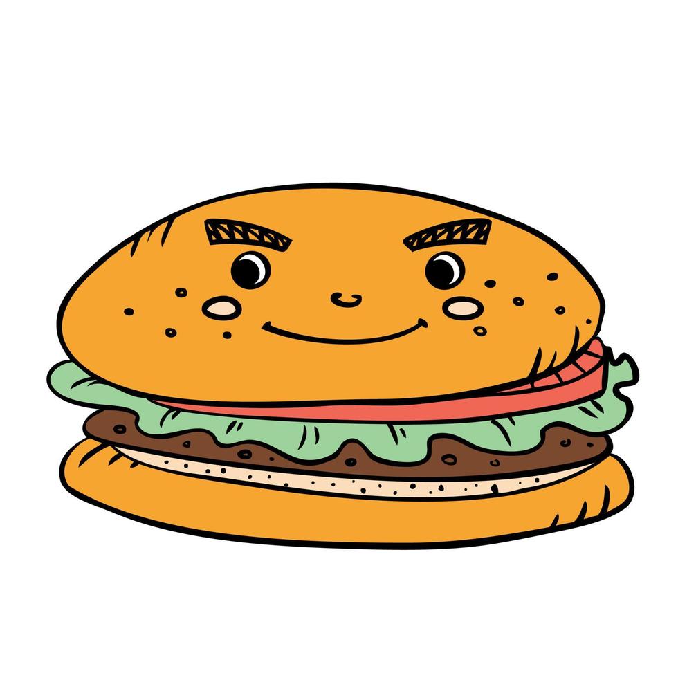 hambúrguer de fast food com costeleta, pmidor e salada. ilustração vetorial em estilo doodle. vetor