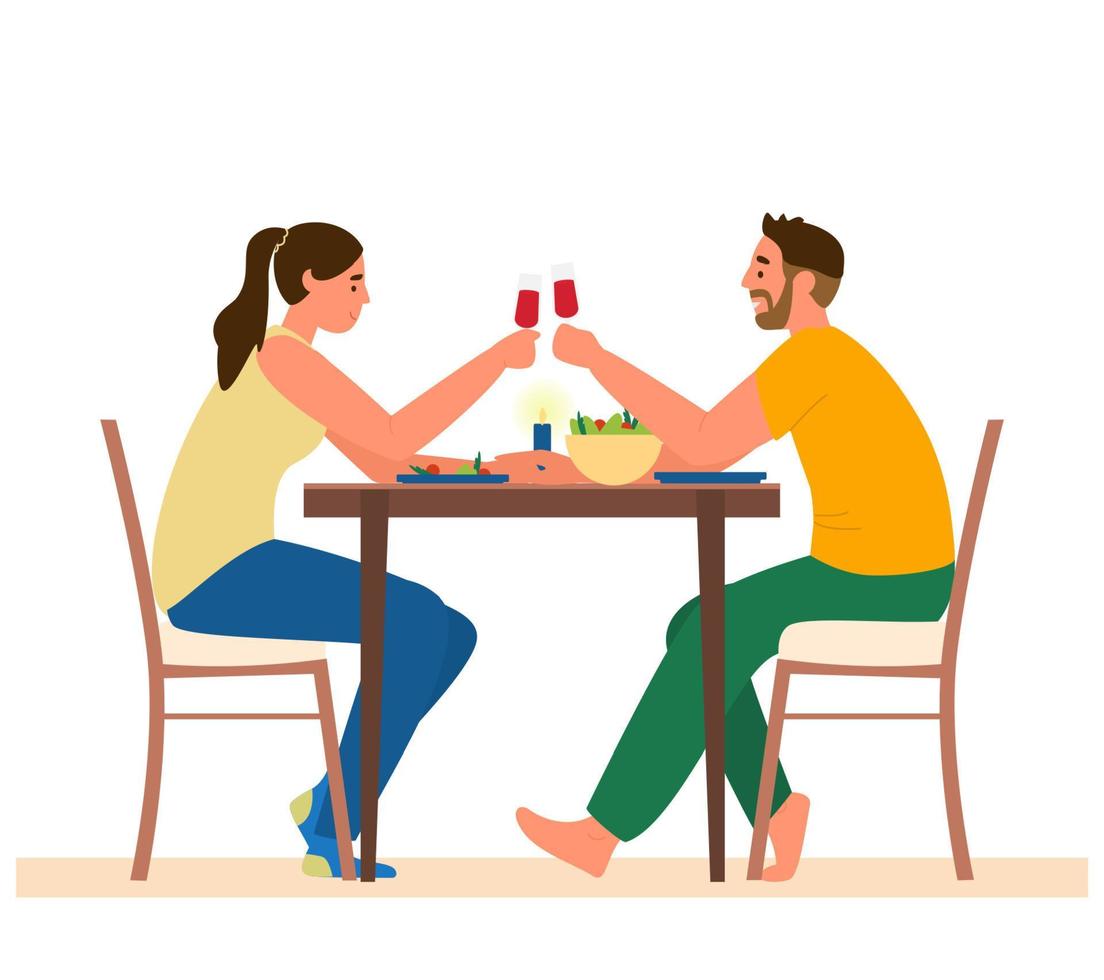 casal jantando romântico em casa. homem e mulher sentados à mesa com lanches tilintando copos de vinho. ilustração vetorial. isolado no branco. vetor