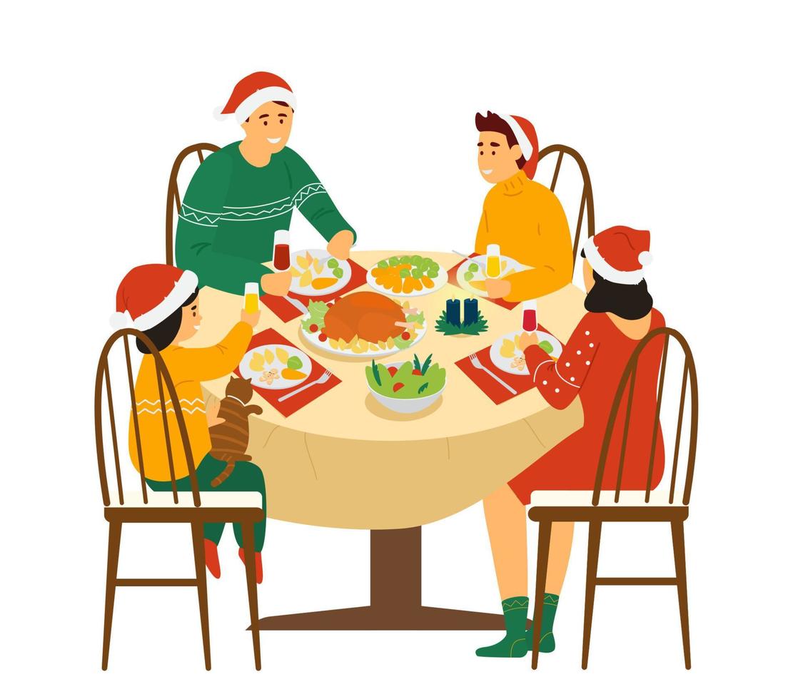 jantar de natal em família em casa. família em gorros sentados ao redor da mesa com comida de natal. ilustração vetorial. isolado no branco. vetor