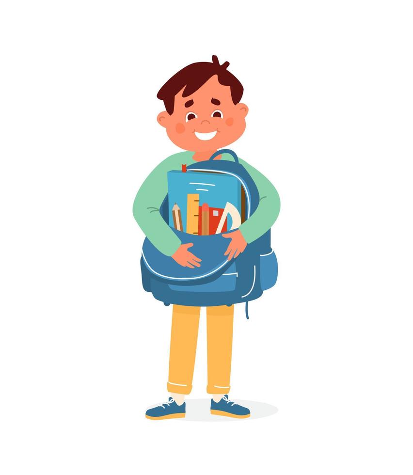 vector menino sorridente bonito segurando a mochila com suprimentos primeira série preparando para school.vector ilustração.