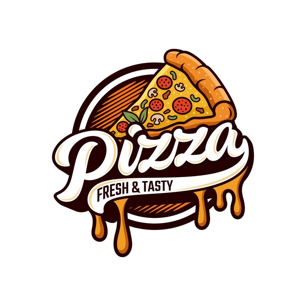 emblema de vetor de pizzaria no quadro-negro. modelo de logotipo de pizza. emblema vetorial para café, restaurante ou serviço de entrega de comida.