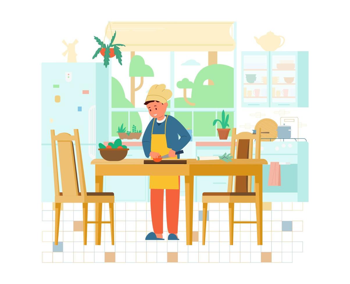 menino com chapéu de chef e apton fazendo salada na ilustração vetorial plana de cozinha. interior da cozinha com móveis de madeira, janela, geladeira, plantas, mesa com cadeiras. vetor