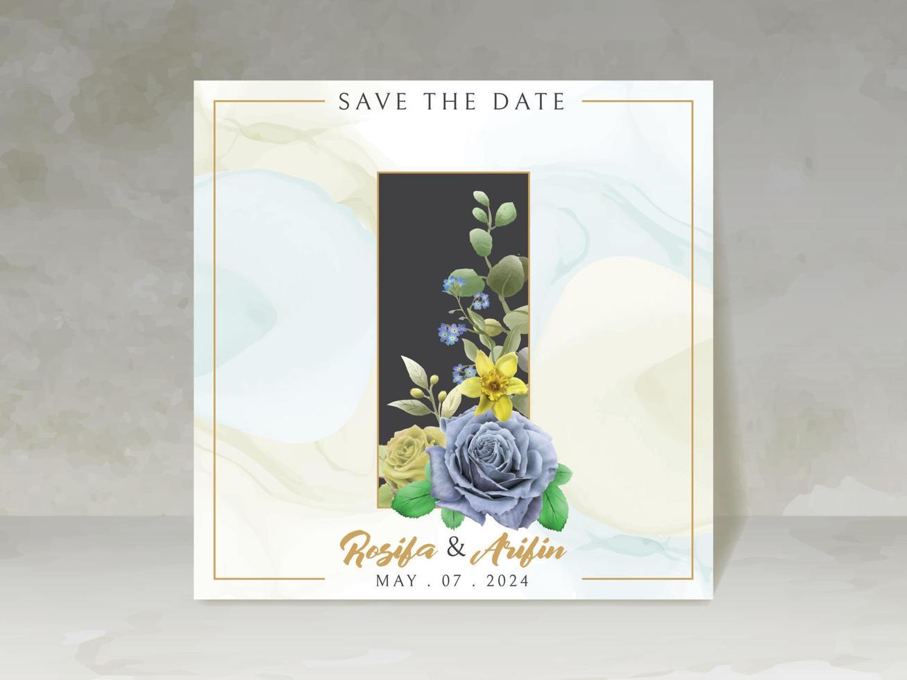 cartão de convite de casamento elegante com flores azuis e amarelas vetor