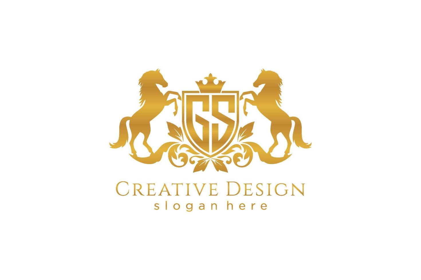 crista dourada retro gs inicial com escudo e dois cavalos, modelo de crachá com pergaminhos e coroa real - perfeito para projetos de marca luxuosos vetor