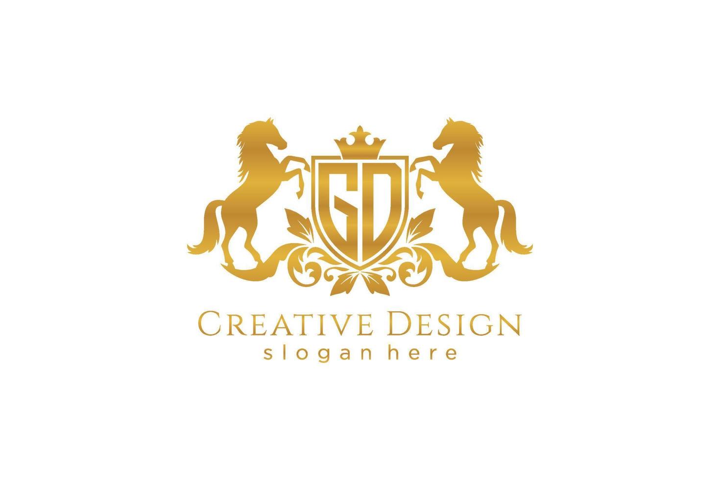 crista dourada retrô inicial gd com escudo e dois cavalos, modelo de crachá com pergaminhos e coroa real - perfeito para projetos de marca luxuosos vetor