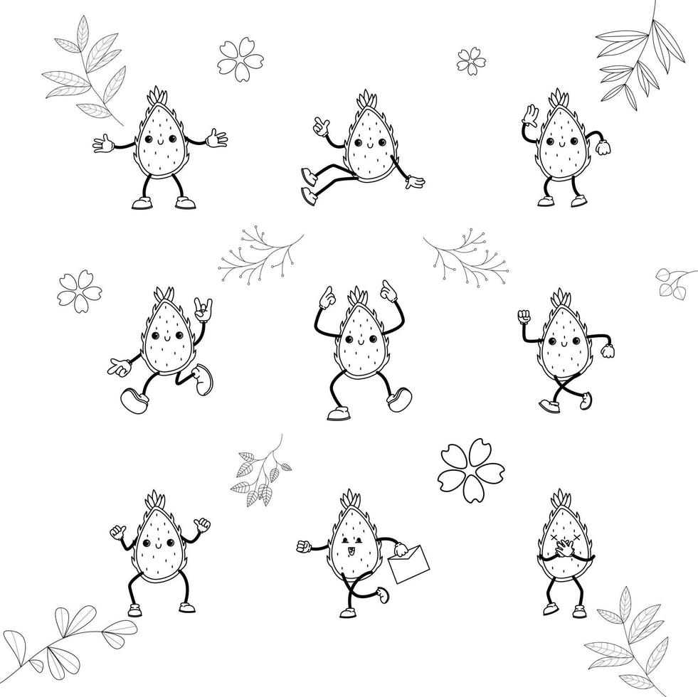 tradicional vector illustration.cute fruta dragão doodle conjunto. pode ser usado para colorir livro