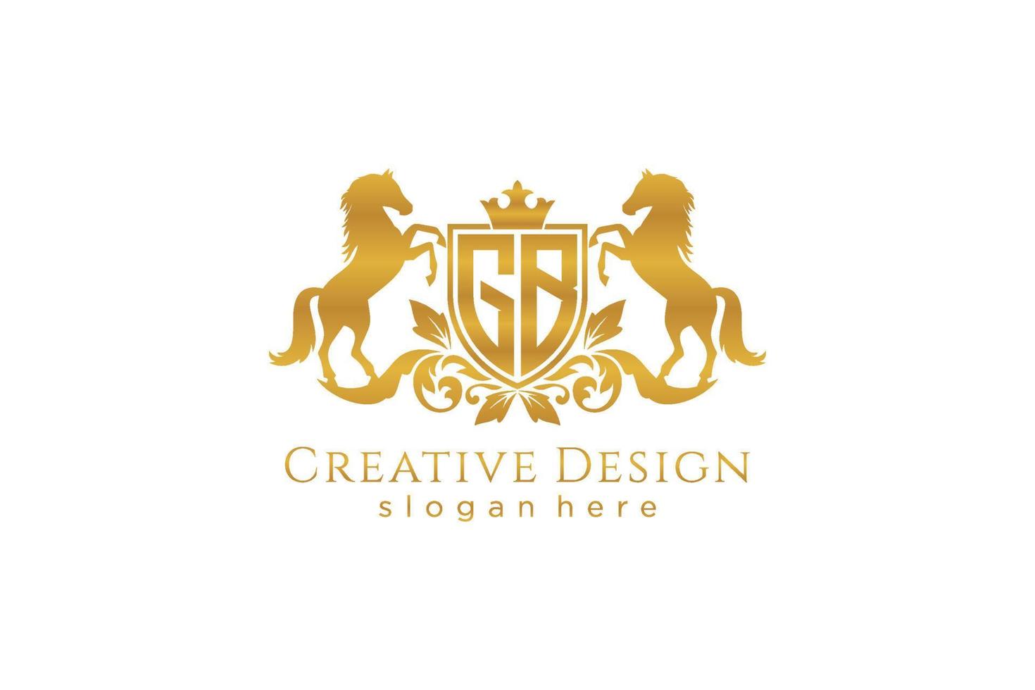 crista dourada retrô inicial gb com escudo e dois cavalos, modelo de crachá com pergaminhos e coroa real - perfeito para projetos de marca de luxo vetor