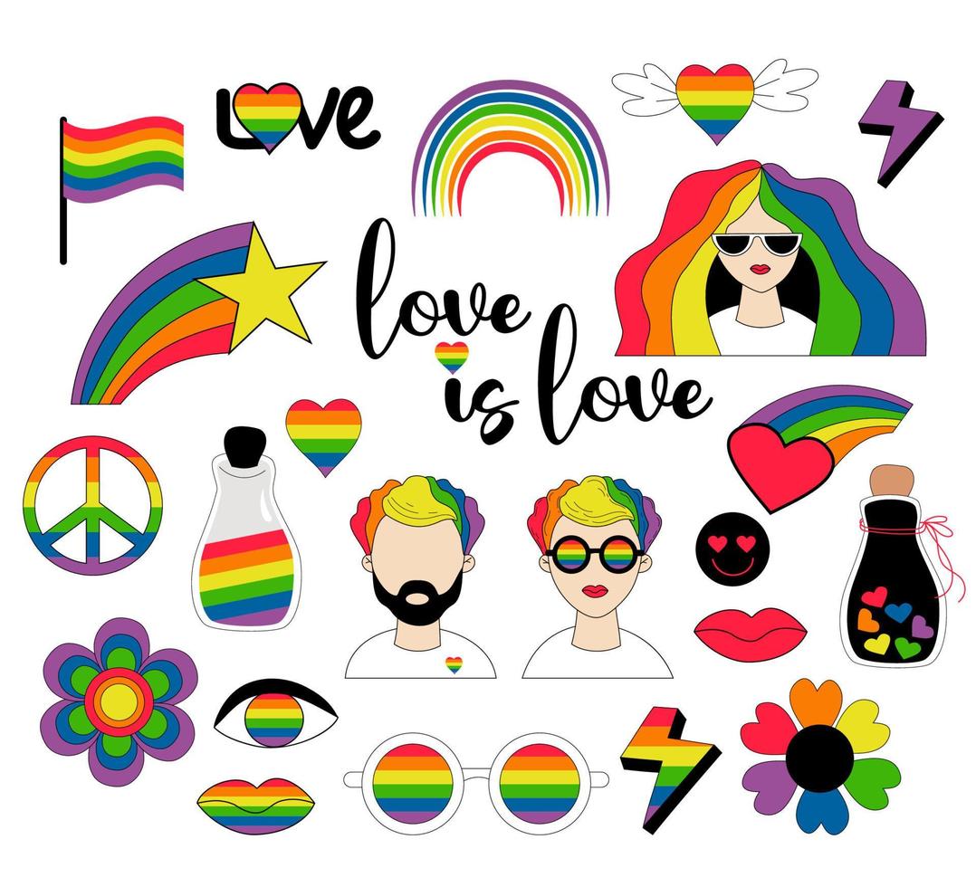 conjunto vetorial de símbolos da comunidade lgbtq. mês do orgulho lgbt mulher lésbica de pele clara e homem gay com cabelo de arco-íris, bandeiras de orgulho, arco-íris retrô, elemento de coração e amor. orgulho gay, celebração groovy. vetor