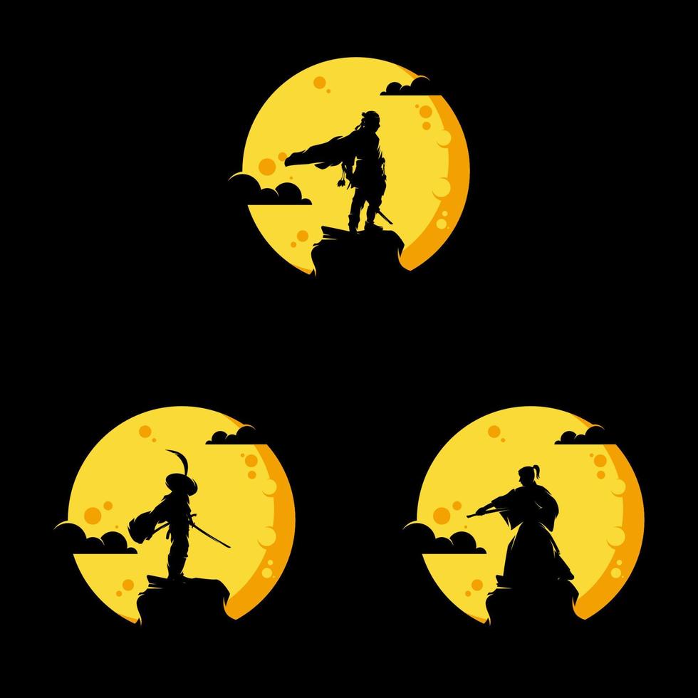 conjunto de ninja no design do logotipo da lua vetor