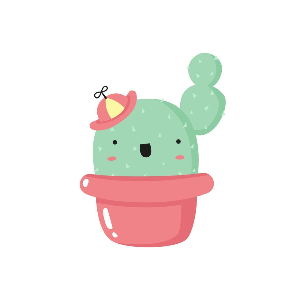 cacto bonito dos desenhos animados com cara de kawaii. planta caseira desenhada à mão, personagem de cacto para design infantil. ilustração vetorial plana. vetor