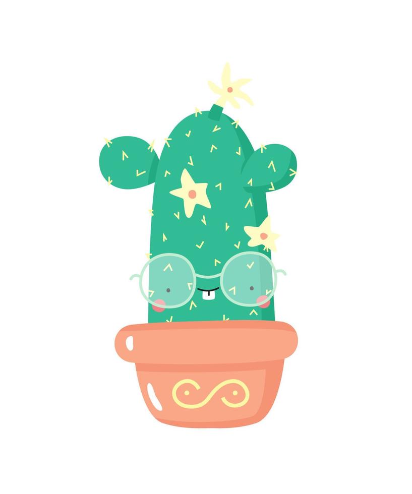 cacto bonito dos desenhos animados com cara de kawaii. planta caseira desenhada à mão, personagem de cacto para design infantil. ilustração vetorial plana. vetor