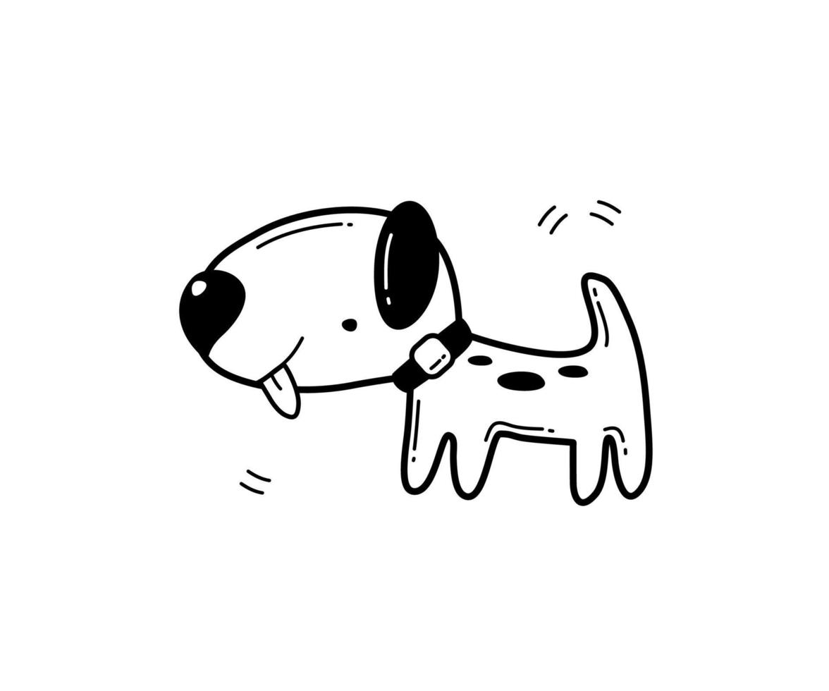 cão manchado desenhado à mão usando uma coleira. personagem animal engraçado para design de crianças. animal de estimação dos desenhos animados para impressões, cartões, adesivos. ilustração vetorial plana em estilo doodle. vetor