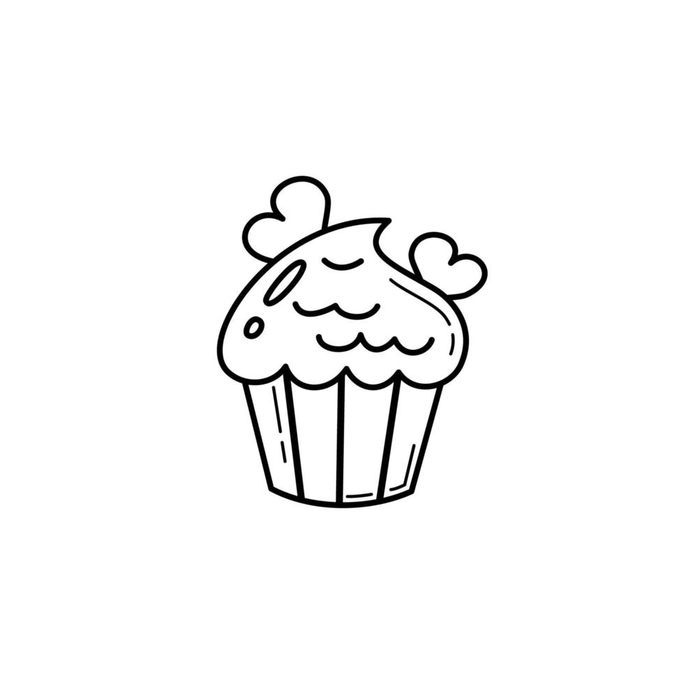 cupcake cremoso desenhado à mão decorado com corações. elemento decorativo vetorial para padaria, café. bolo doce, sobremesa em estilo doodle. vetor