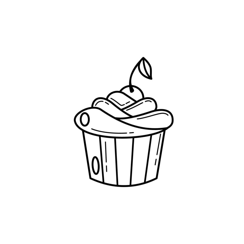 cupcake cremoso desenhado à mão decorado com cereja. elemento decorativo vetorial para padaria, café. bolo doce, sobremesa em estilo doodle. vetor