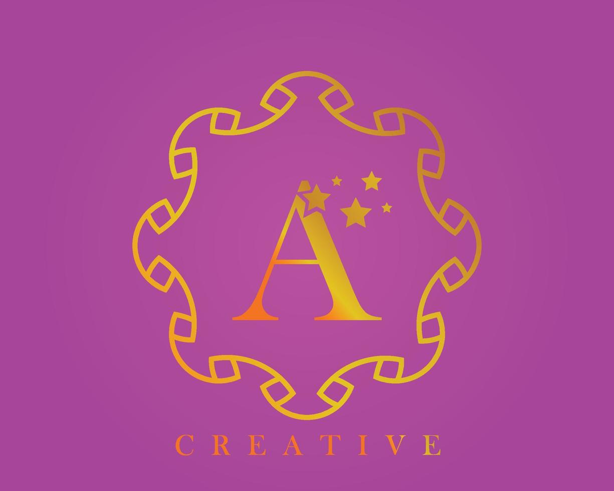 logotipo de design criativo, alfabeto a, letra de 5 estrelas, etiqueta, ícone, para embalagem, design de produto de luxo. feito com ouro em um plano de fundo texturizado roxo claro. vetor
