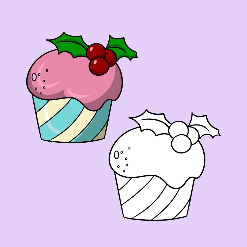 um conjunto de fotos, um delicioso cupcake com creme rosa delicado e frutas com folhas, uma ilustração vetorial em estilo cartoon em um fundo colorido vetor