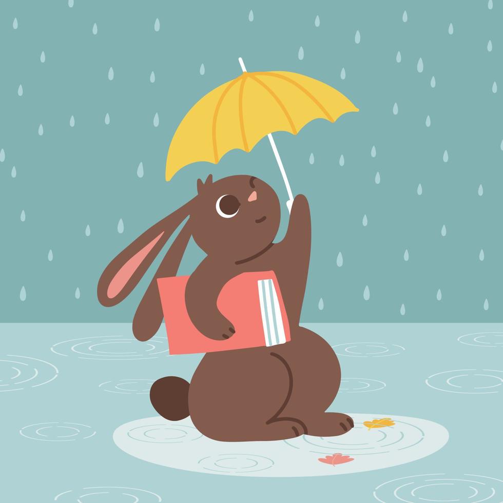 coelho andando sob o guarda-chuva com livro. cartão postal chuvoso de outono. coelho ou lebre - mascote infantil 2023 ano de símbolo. ilustração vetorial de desenho animado sazonal vetor