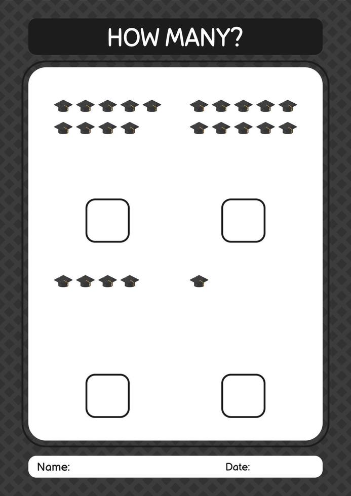 quantos jogo de contagem com boné de formatura. planilha para crianças pré-escolares, folha de atividades para crianças vetor