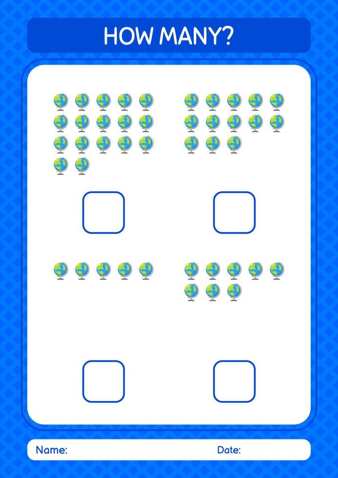 quantos jogo de contagem com globo. planilha para crianças pré-escolares, folha de atividades para crianças vetor