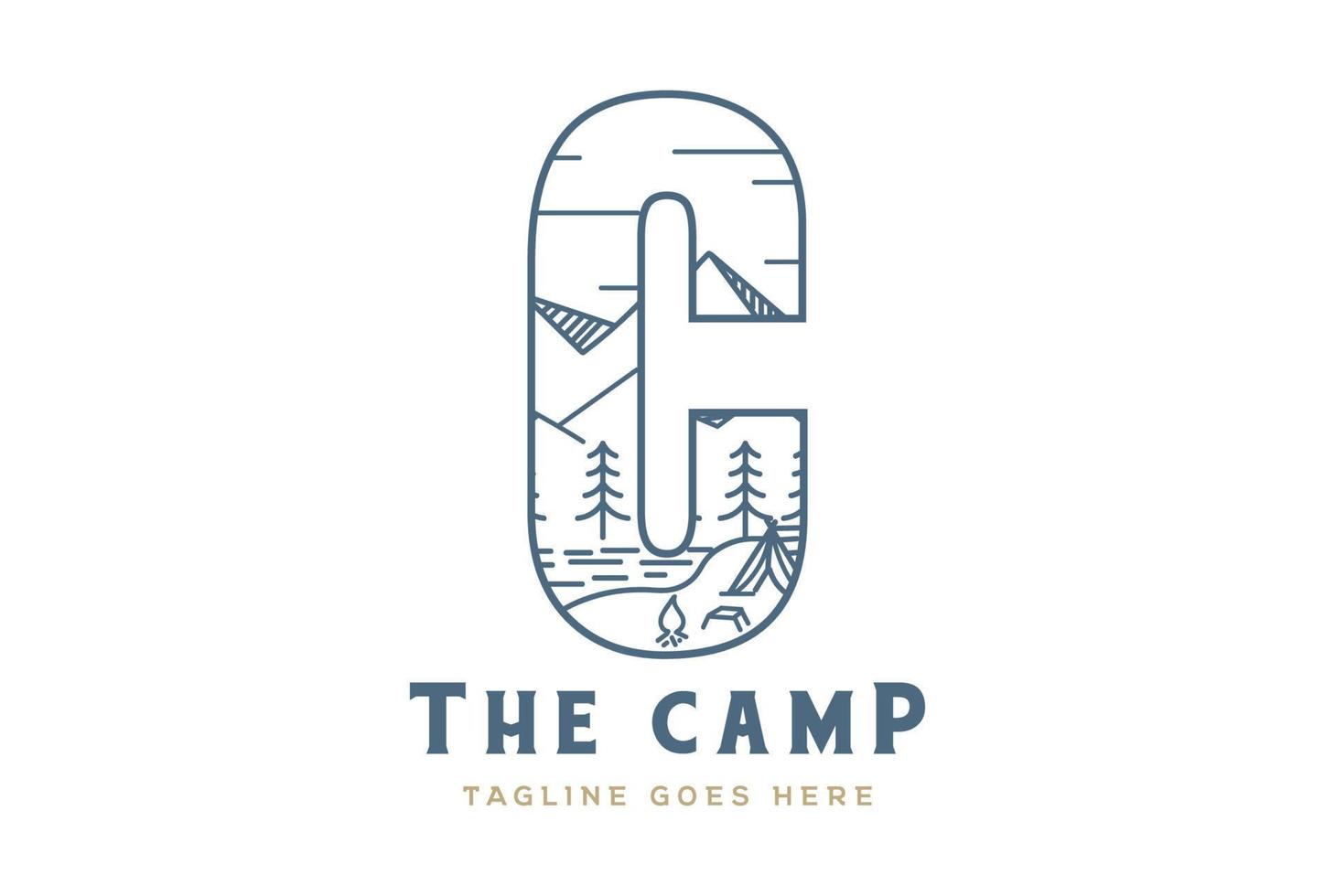 lago de floresta de montanha e tenda na letra c para design de logotipo de aventura ao ar livre de acampamento vetor