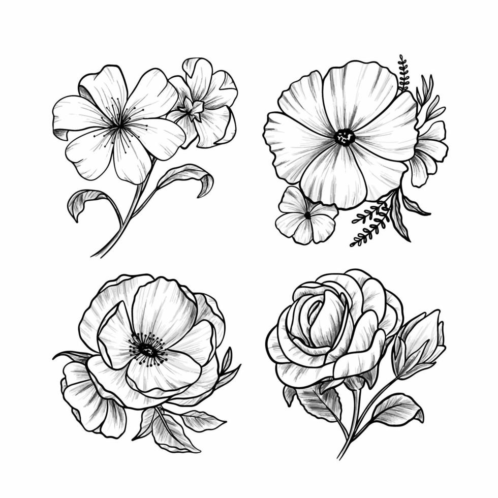 elementos de design de flores desenhados à mão realistas vetor