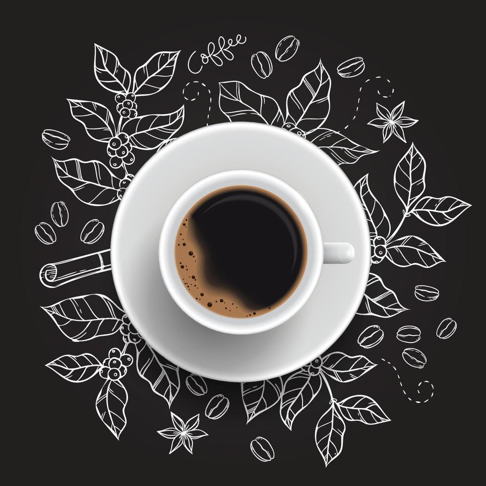 xícara de café branco com fundo doodle vetor