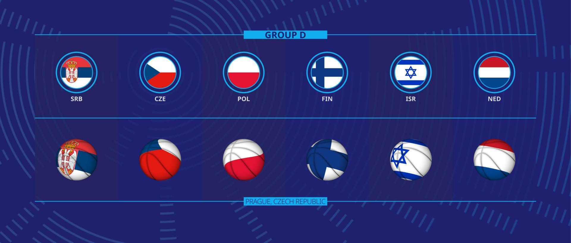 ícone e bola de basquete com bandeiras dos participantes do grupo d, competição europeia de basquete. vetor