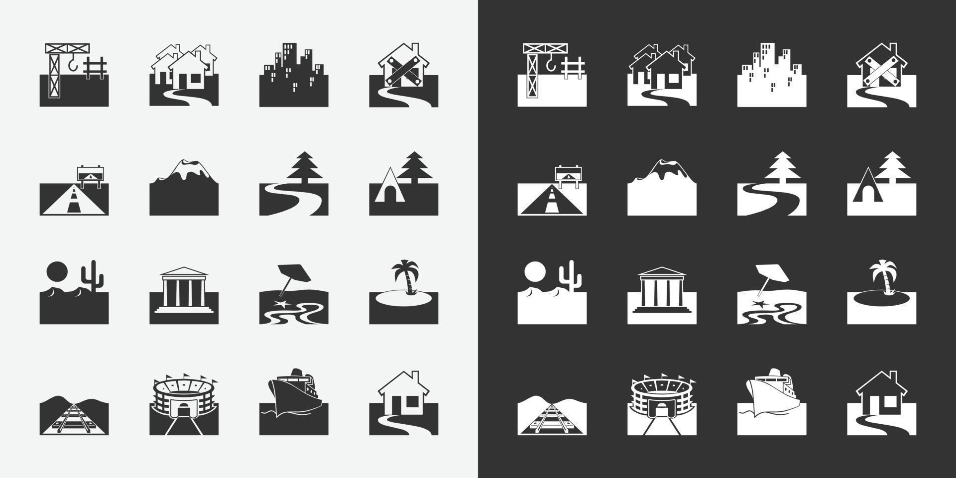 ícone de vetor de paisagem e edifícios diferentes. símbolos vetoriais preto e branco para seu projeto