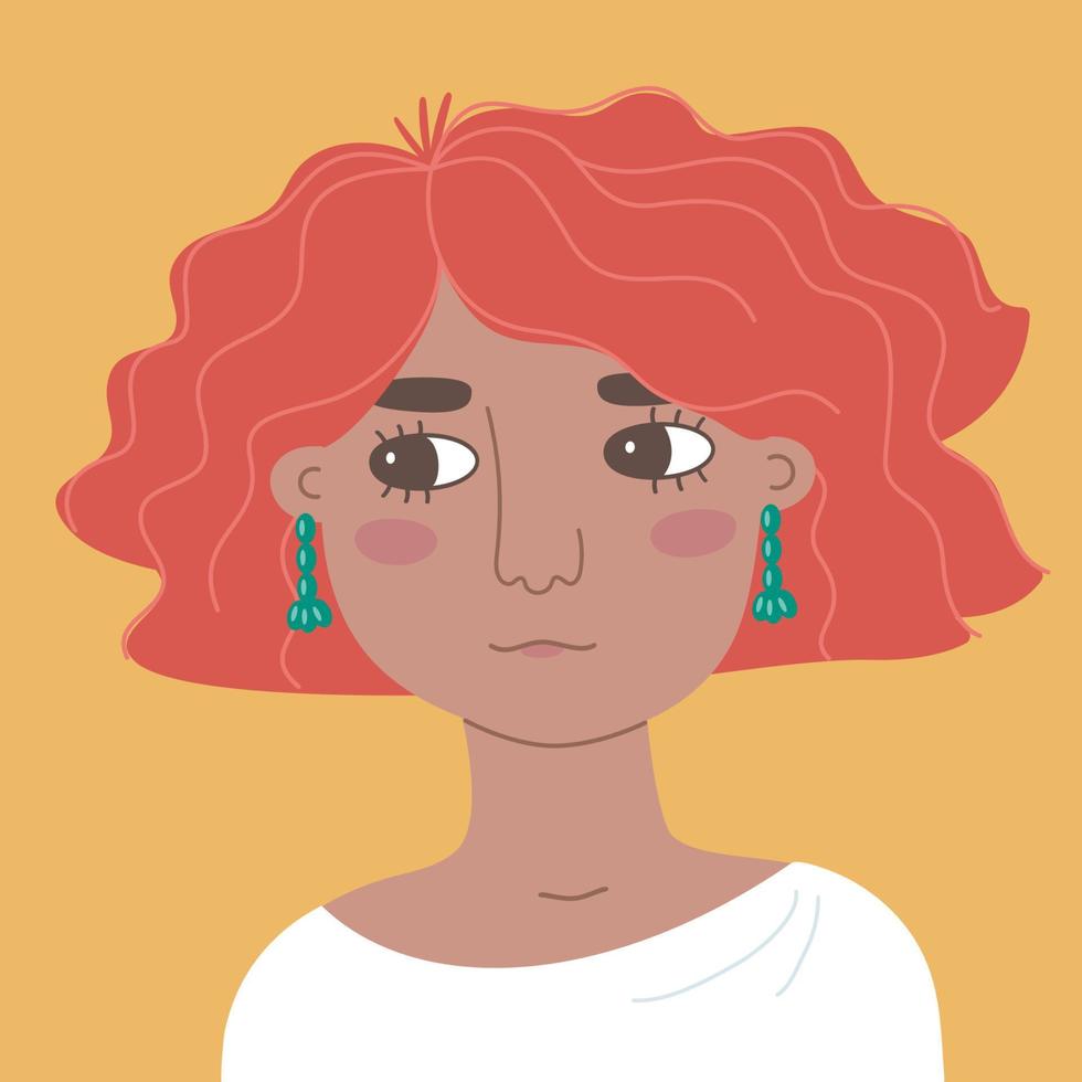 retrato de uma jovem carrancuda com cabelo vermelho. ilustração em vetor plana de uma garota com roupas brancas. senhora moderna com penteado bob ondulado parece de lado. avatar de desenho animado desenhado para rede social.