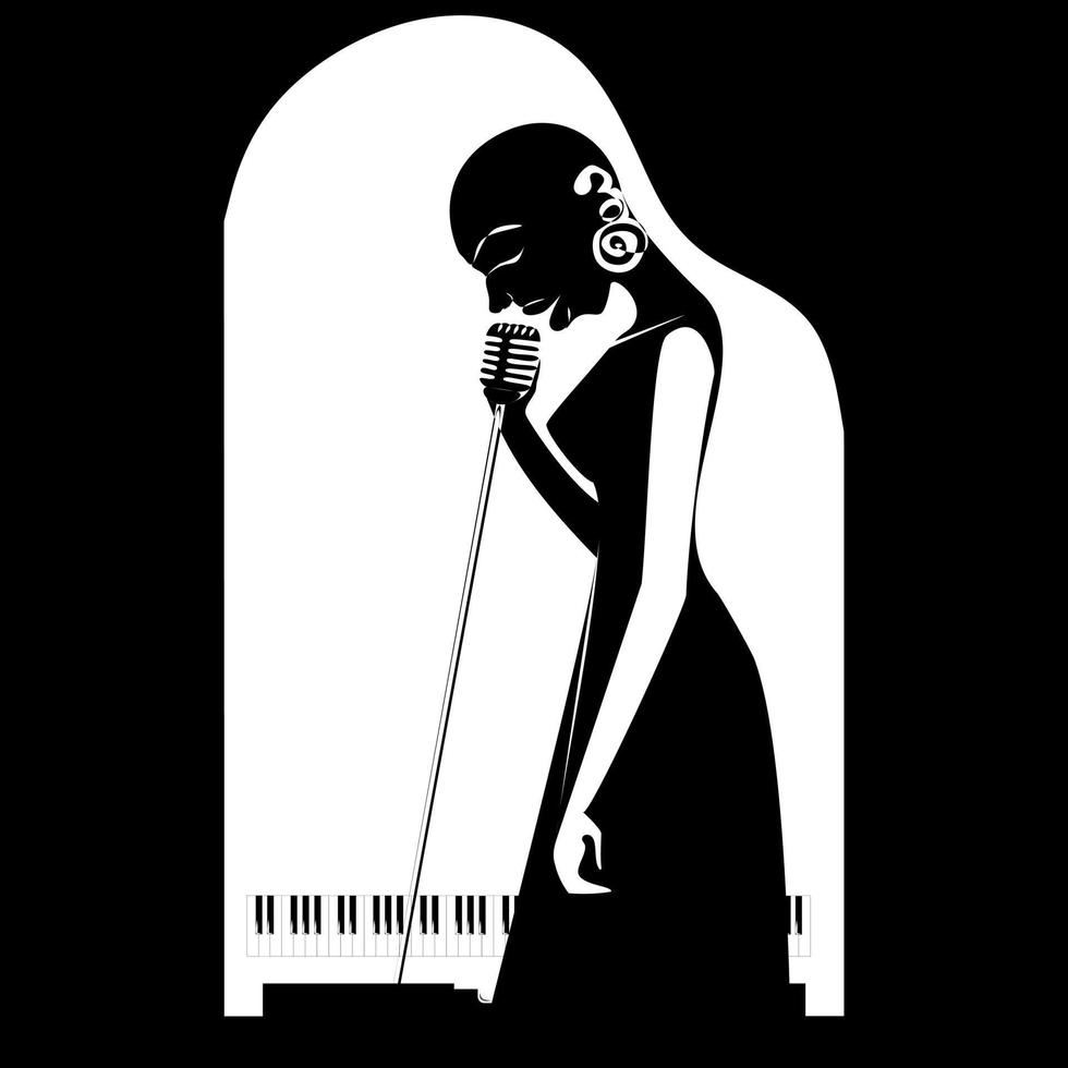 ilustração de linha contínua preto e branco de silhueta de cantor de jazz vetor