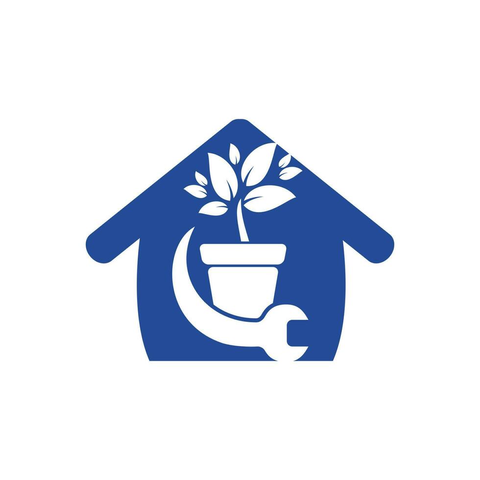 conceito de logotipo de vetor de correção de jardim. vaso de flores e chave com ícone de logotipo em casa.