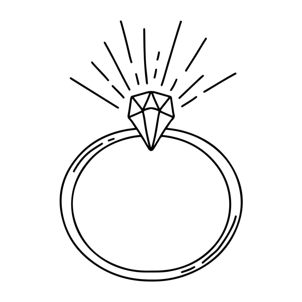 vector mão desenhada anel de casamento com diamante. elemento de logotipo feminino no estilo doodle. para planejador de casamentos, branding de negócios e identidade. preto no símbolo isolado branco.