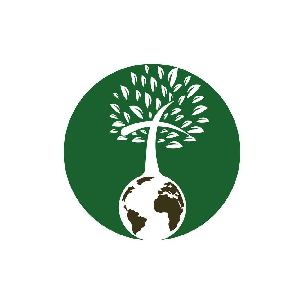 modelo de design de logotipo de vetor de igreja global. globo com ícone de vetor de árvore cruzada.