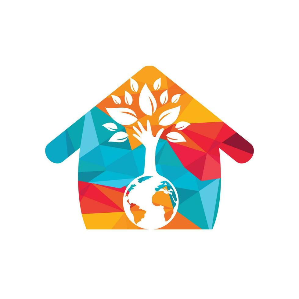 globo e design de logotipo de vetor de árvore de mão. ecologia e conceito sustentável.