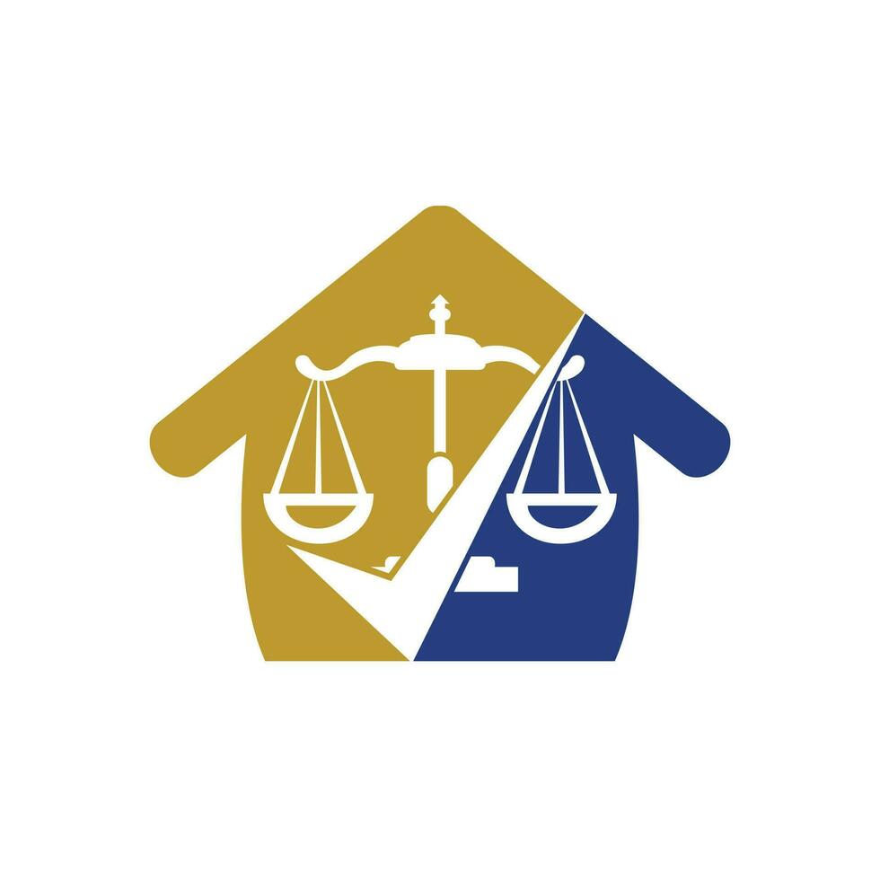 design de logotipo de vetor de escritório de advocacia. escala de lei e sinal de verificação com design vetorial de ícone em casa.