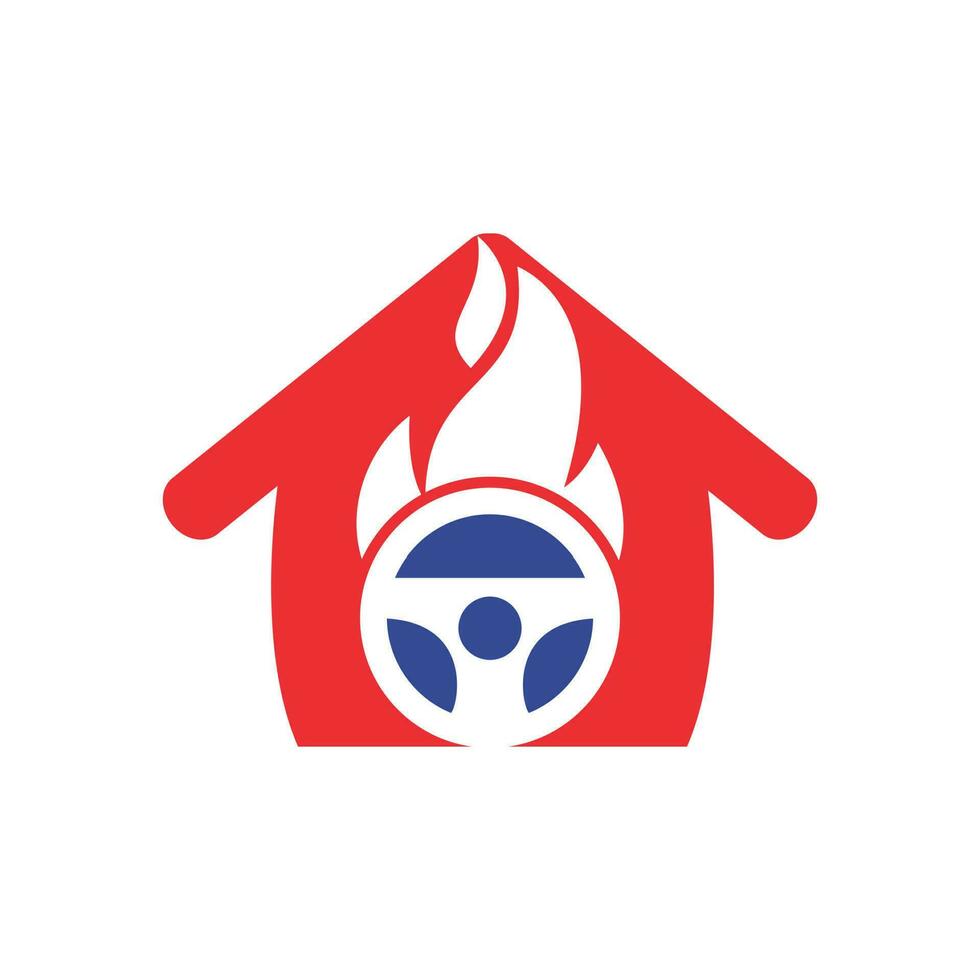 modelo de design de vetor de logotipo de motorista quente. volante do carro queimando fogo com design de ilustração vetorial de ícone de logotipo em casa.