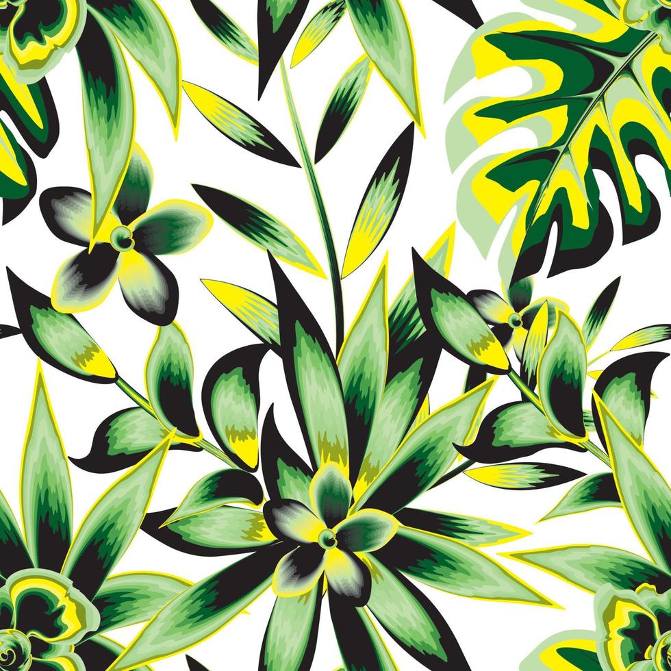 textura de estampas elegantes coloridas com folhas tropicais de monstera e flores de frangipani plantas folhagem adequada para pano de camisa ou têxtil. fundo floral. trópicos exóticos. projeto de verão. primavera vetor