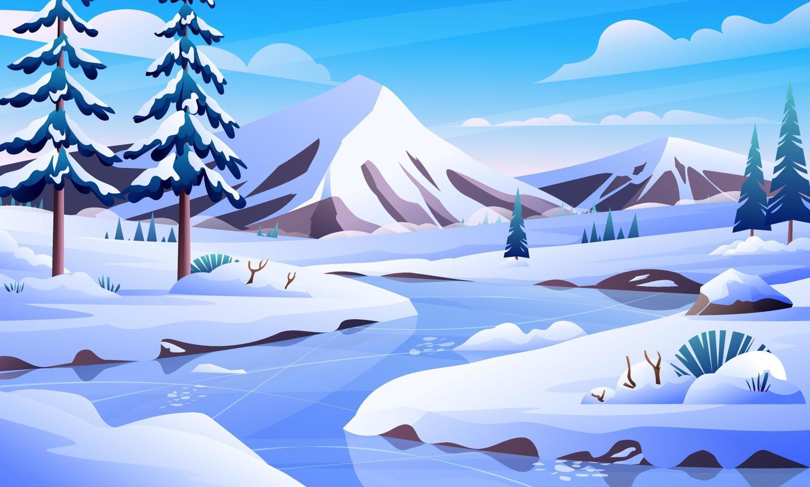 paisagem de inverno com ilustração congelada de rio, pinheiros e montanhas. fundo de desenhos animados de inverno nevado vetor