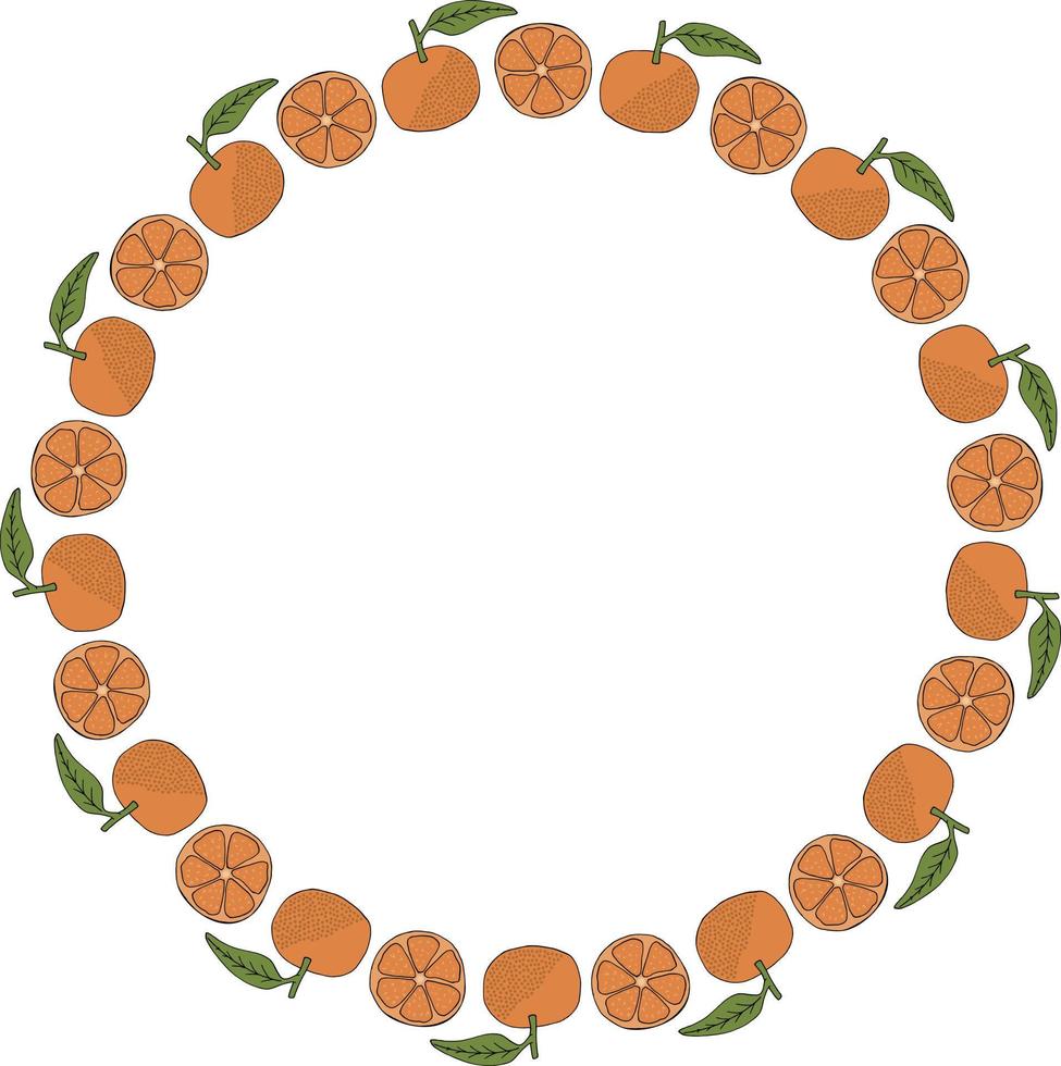 moldura redonda com tangerinas em fundo branco. imagem vetorial. vetor