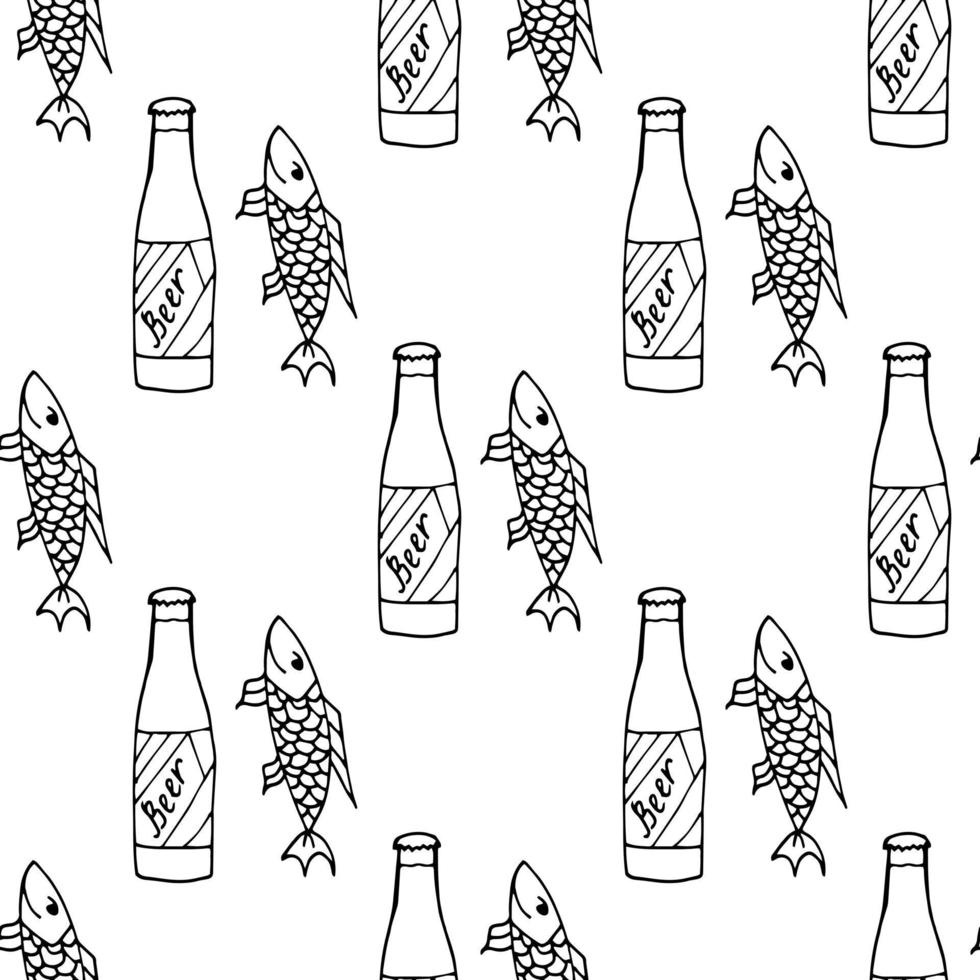 padrão sem emenda com garrafa de cerveja e peixe em fundo branco. imagem vetorial. vetor