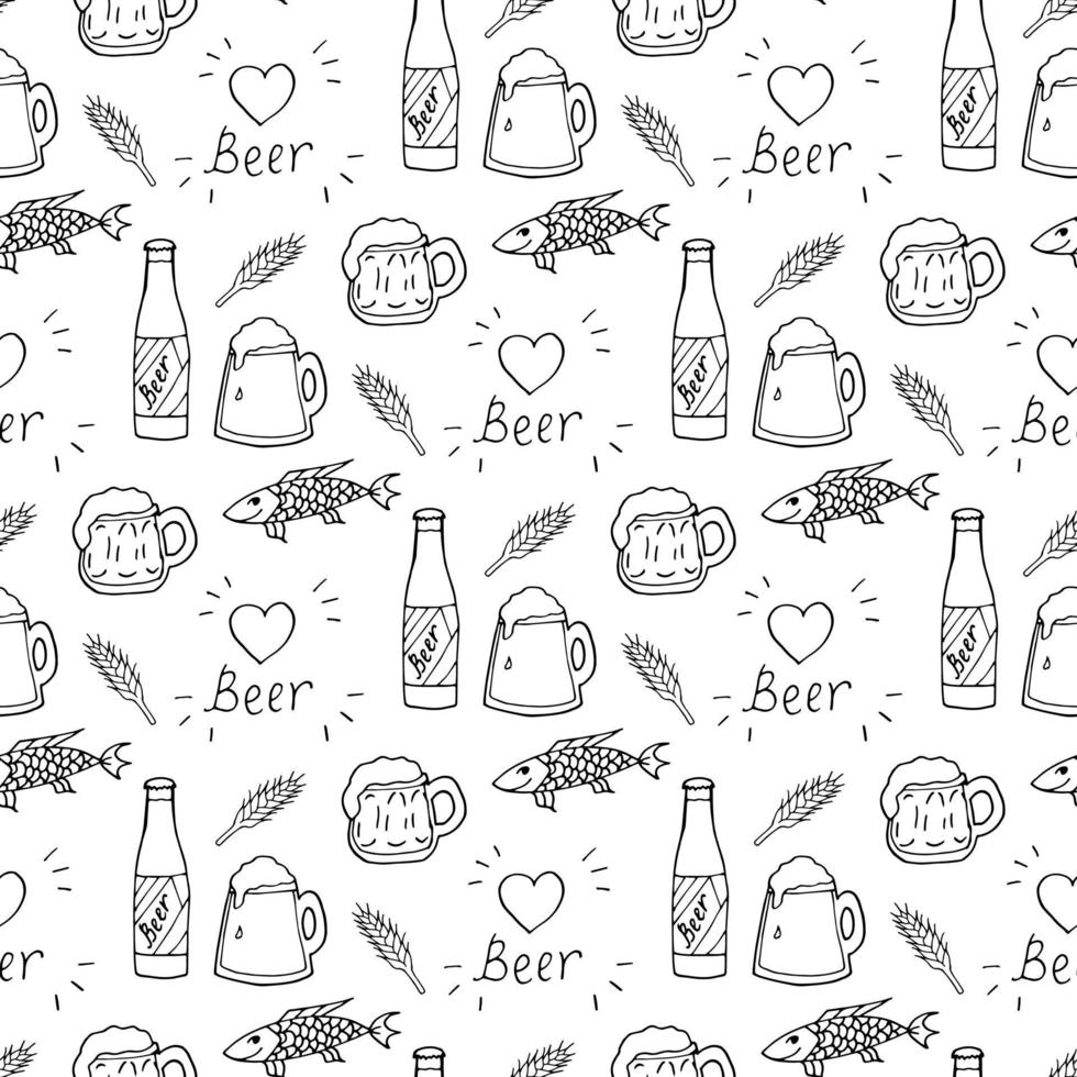 padrão perfeito com garrafa de cerveja aconchegante em preto e branco, canecas e peixes em fundo branco. imagem vetorial. vetor