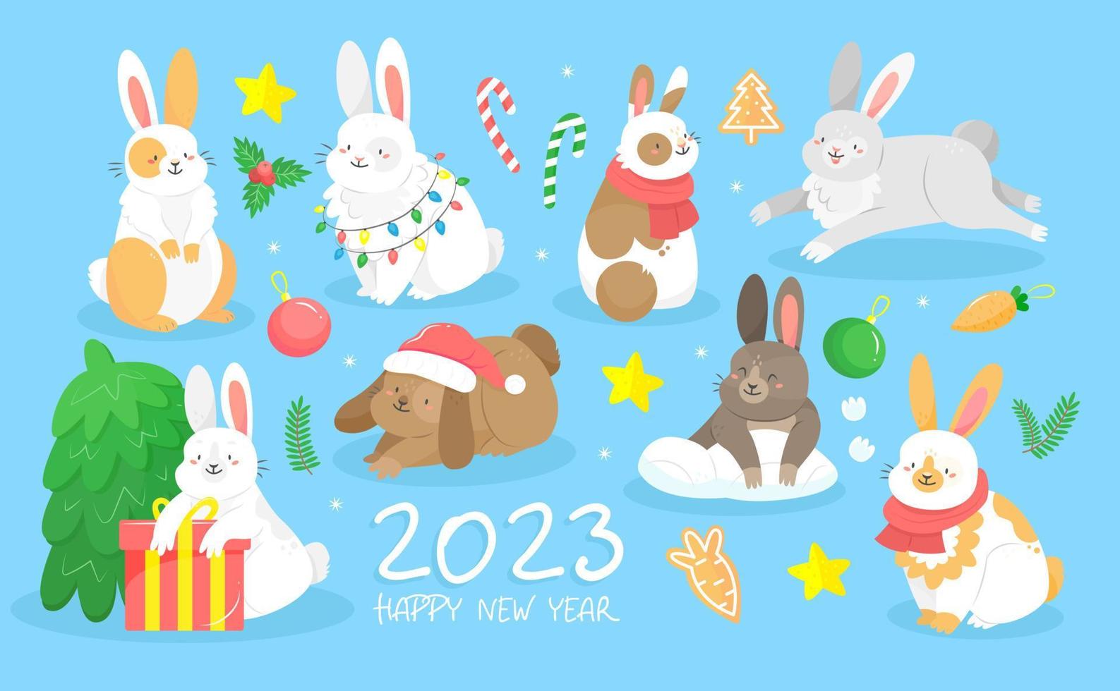 conjunto de personagens de coelho fofo 2023 ano novo em estilo cartoon. animais de natal lebres ou coelho isolado no fundo. ilustração vetorial festiva com animais. vetor