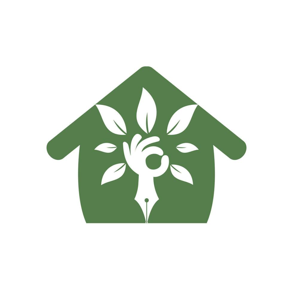 seguro de educação e conceito de logotipo de suporte. caneta e árvore de mão com logotipo de ícone de forma em casa. vetor