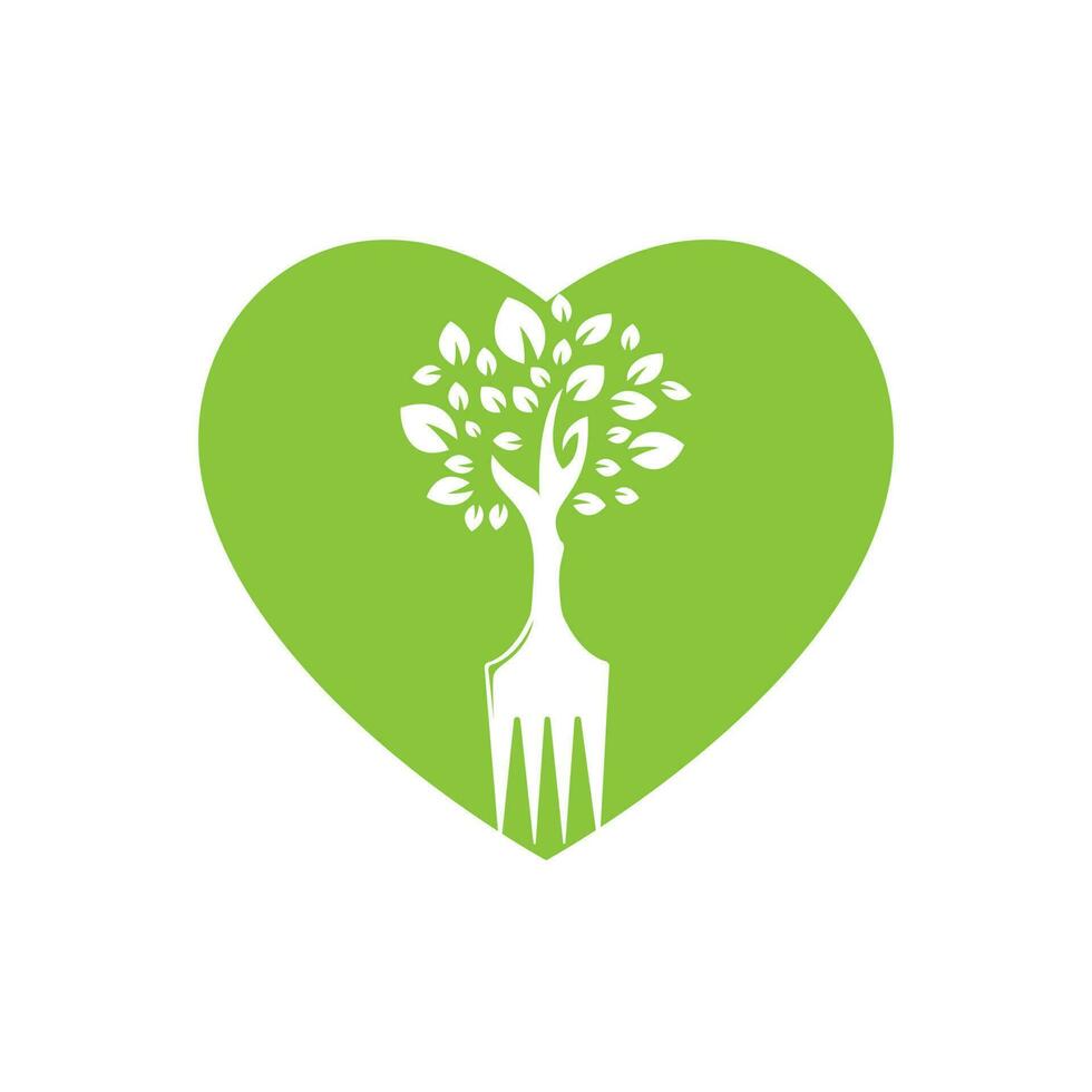 árvore de garfo com design de logotipo de vetor de forma de coração. conceito de logotipo de restaurante e agricultura.