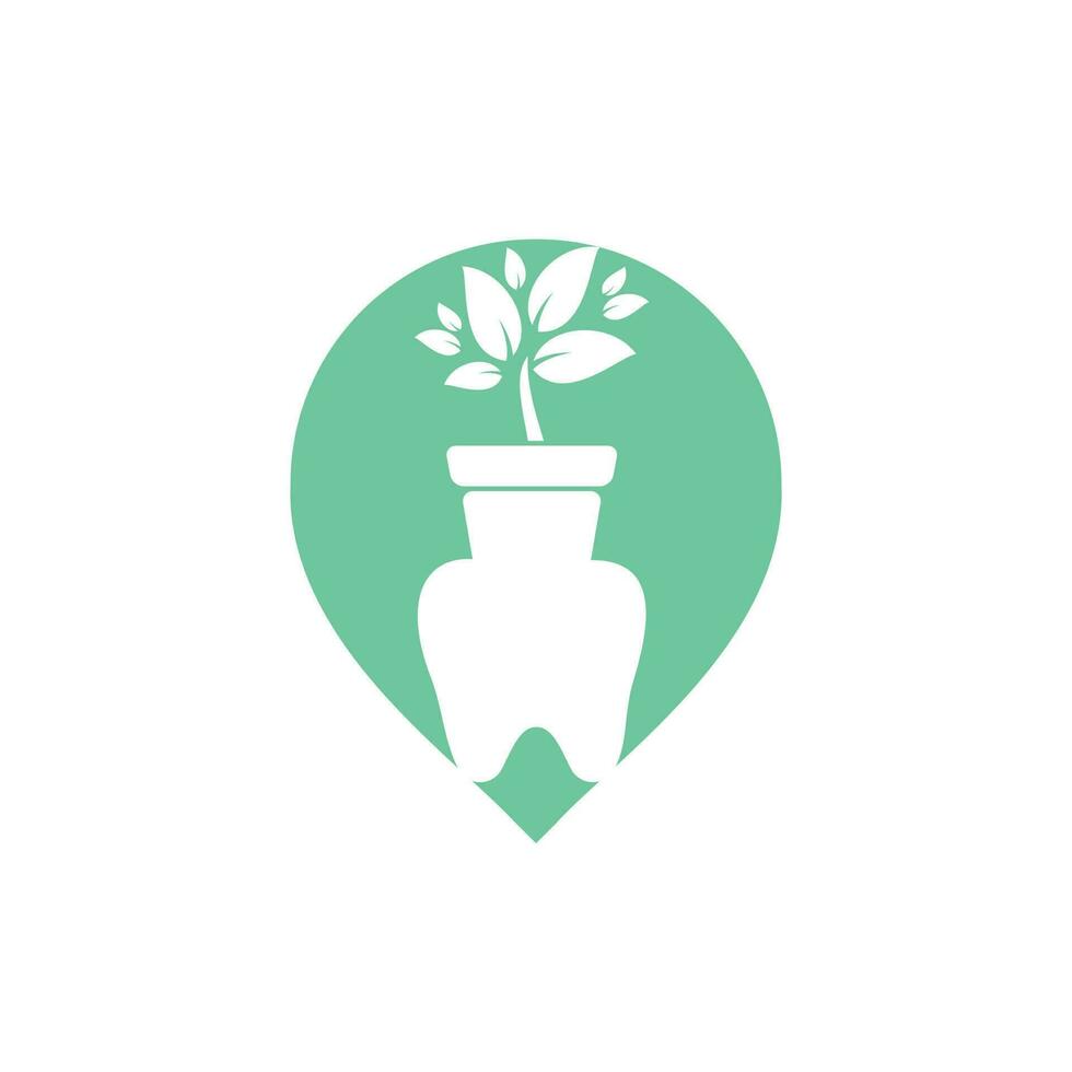 modelo de design de logotipo de vetor de jardim dental. dente com vaso de flores um design de ícone de gps.