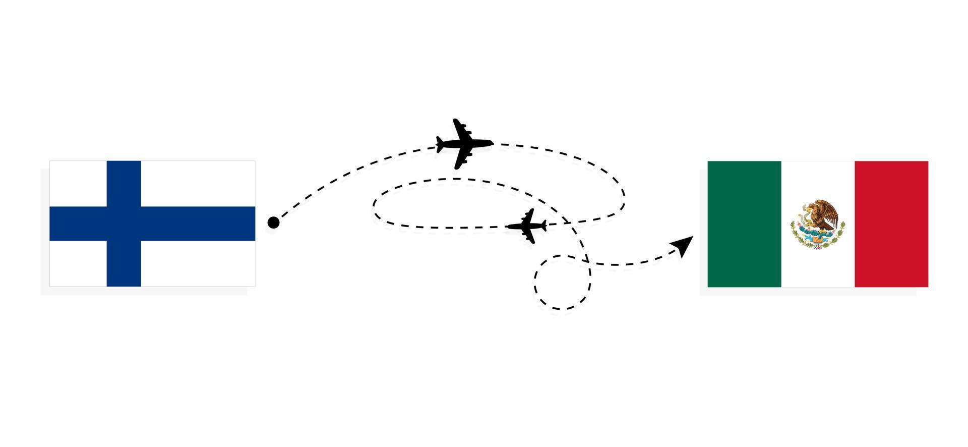 voo e viagem da Finlândia para o México pelo conceito de viagem de avião de passageiros vetor