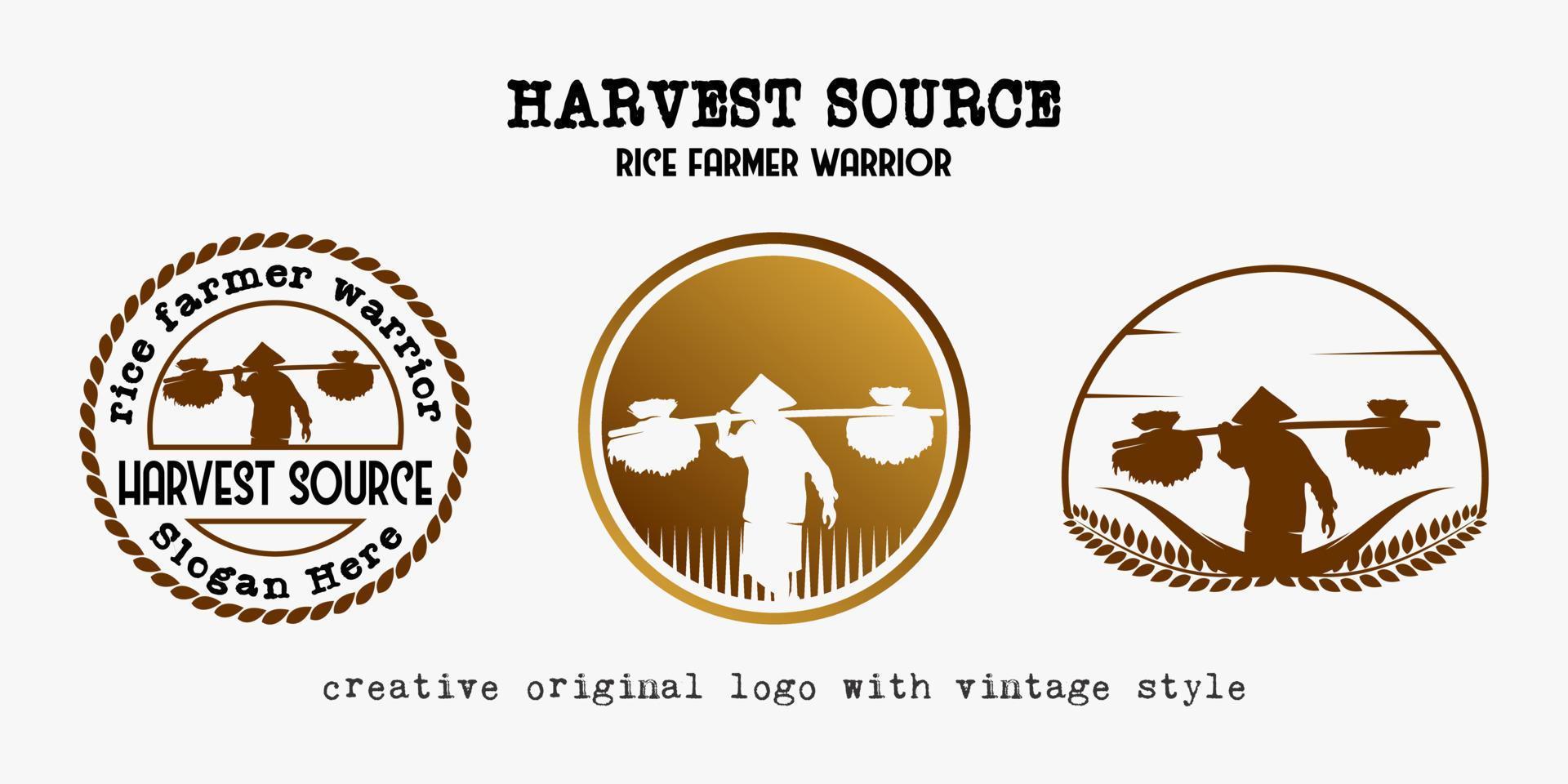 coleção de designs de logotipo de fazendeiro ou pessoas carregando arroz nos ombros em estilo vintage vetor