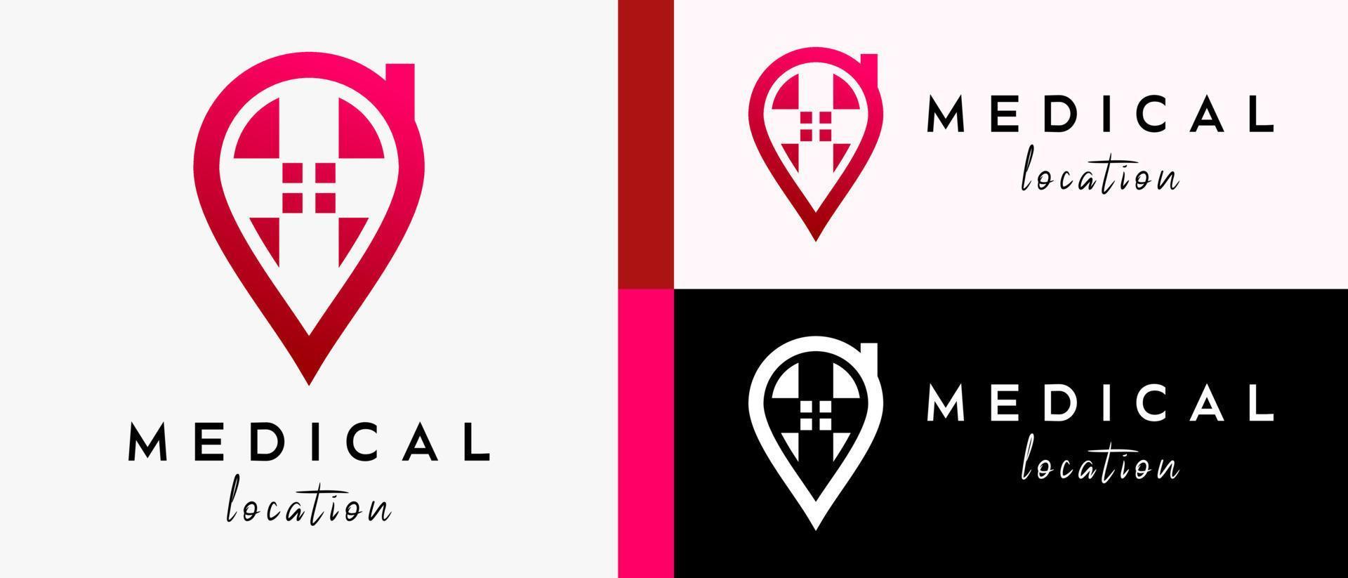 modelo de design de logotipo de localização médica com conceito de sinal de mais ou cruz no ícone de pino. mapa ou ilustração vetorial de ícone de localização, vetor premium