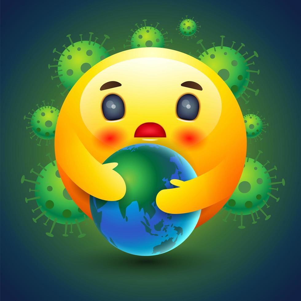 emoticon sorridente segurando a terra na frente de células de vírus vetor